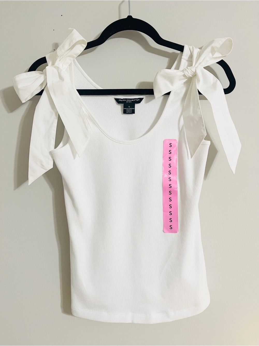 French Connection White Ribbed Tank Top With Shoulder Bows Sz S Coquette Lolita